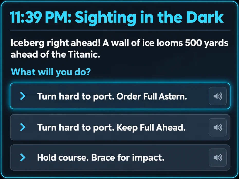 Titanic interactive scenario: Sighting in the Dark, with three choices about how to respond to an iceberg