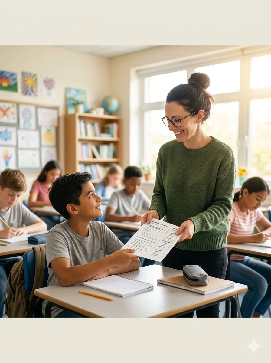 Teacher handing a worksheet to a smiling student while other students work at their desks