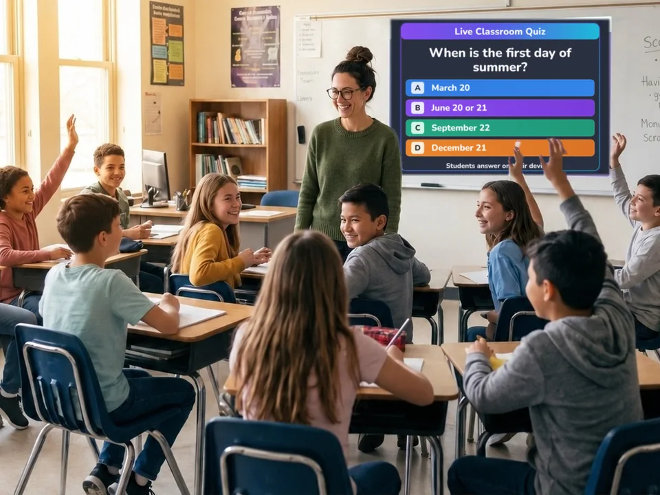 Teacher running a Pixlearn Live Classroom quiz about the first day of summer on the classroom screen while students smile and raise their hands